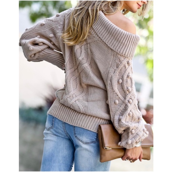 048 Cozy Off shoulder Pom Pom Oversized Sweater Top - Picture 3 of 6